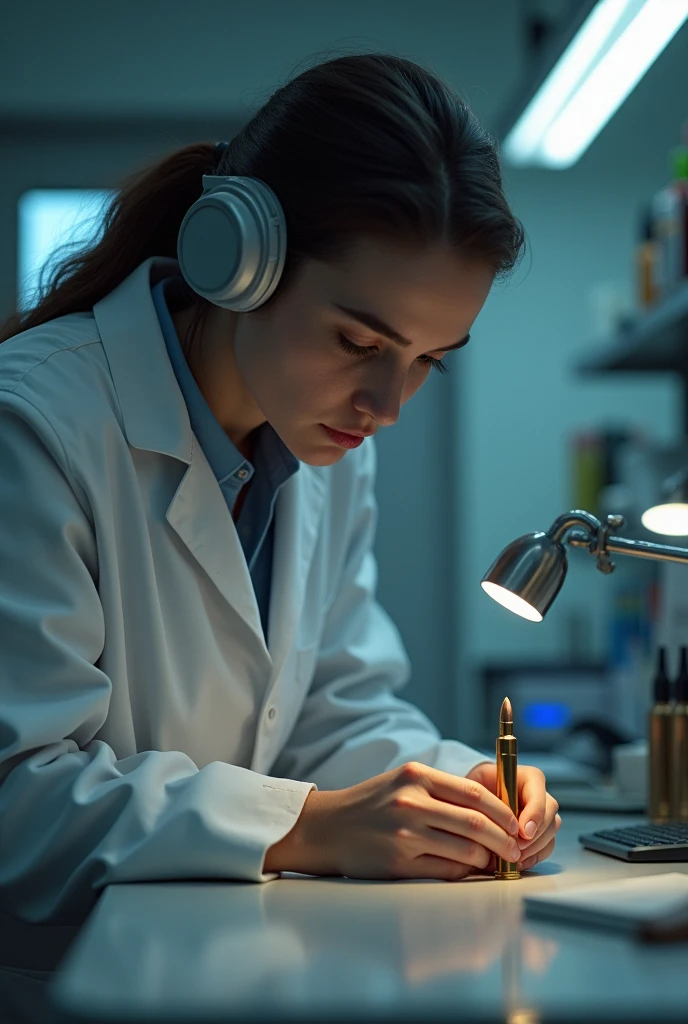 (photorealism:1.2), Ballistician examining caliber 45 bullet in bullet recovery room