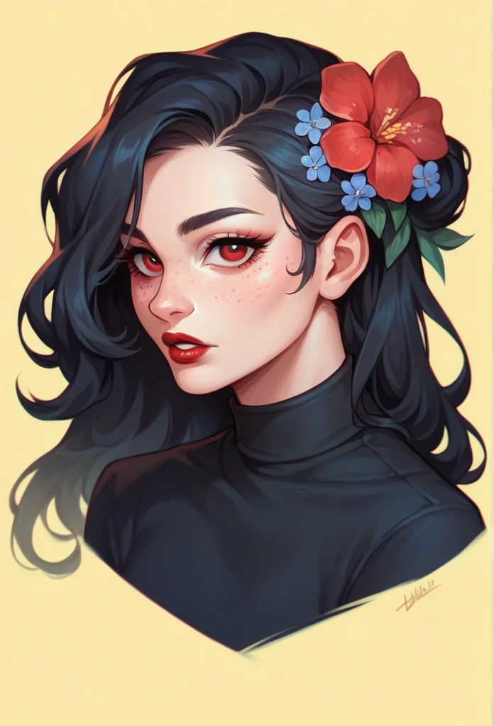 1girl, black hair, black shirt, eyelashes, flower, freckles, hair flower, hair ornament, lips, lipstick, long hair, looking at viewer, makeup, parted lips, red eyes, red lips, shirt, solo, upper body, yellow background