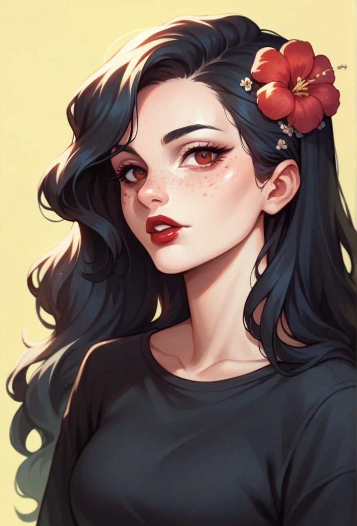 1girl, black hair, black shirt, eyelashes, flower, freckles, hair flower, hair ornament, lips, lipstick, long hair, looking at viewer, makeup, parted lips, red eyes, red lips, shirt, solo, upper body, yellow background