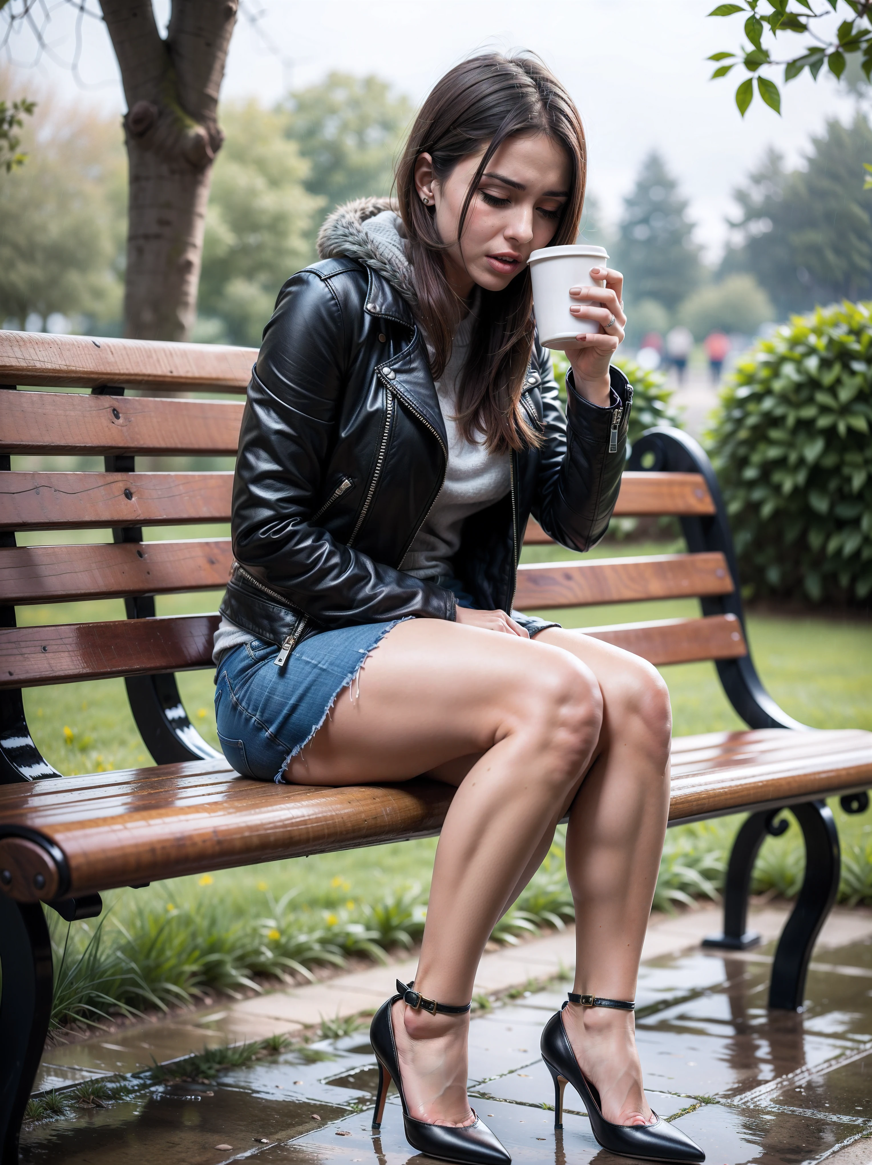 (Full body:1.5)，(1 girl:1.3),(Show viewers:1.4)，(Anatomy correctly:1.3),(sitting on a bench in the park:1.2), ultra hot, beautiful European girl, Age 23, normal body, slender legs, keen focus, perfect face., skirt, leather jacket, high heels, bare legs，(Precise and perfect face:1.3), unshaved legs, goosebumps, cold legs, face expression that she feels the cold with open mounth, gust of wind, autumun rainy day, she feels the cold, shivering, drinking hot coffee, her legs are freezing, she is really cold, heavy rain, wet legs, 