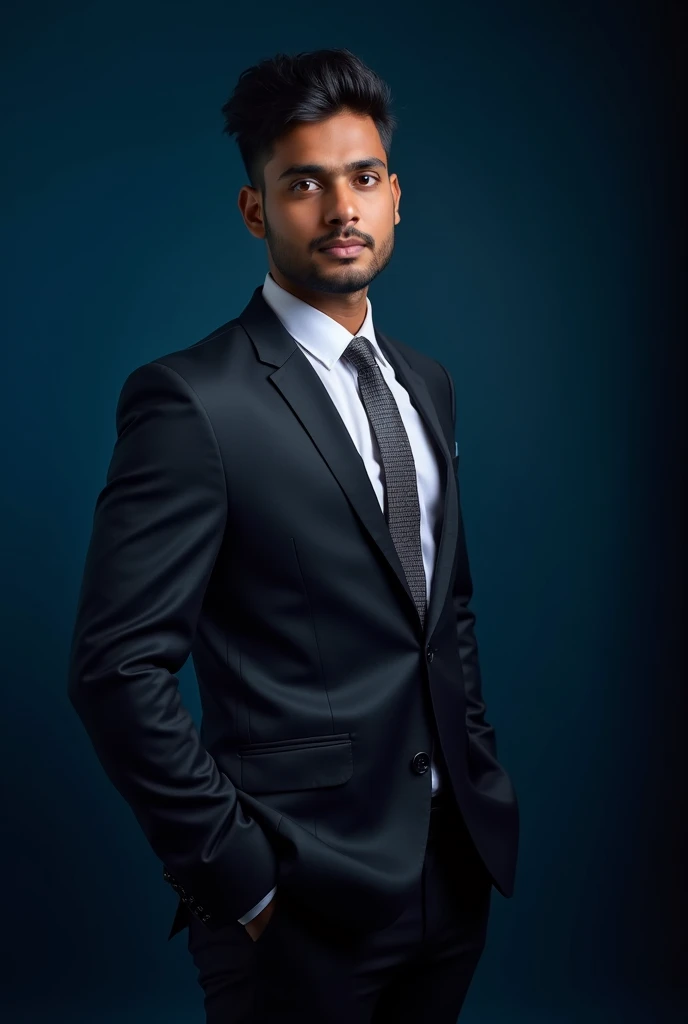 A striking formal portrait of a young Bangladeshi man, around 21 years old, standing confidently in a well-lit, professional setting. He is dressed in a crisp, tailored suit, a white dress shirt, and a subtle patterned tie. The backdrop is a deep, dark blue, creating a sense of sophistication and focus on the subject. The lighting enhances his features, with a soft glow on his face and a slight shadow on the background, giving the image a polished and refined appearance.