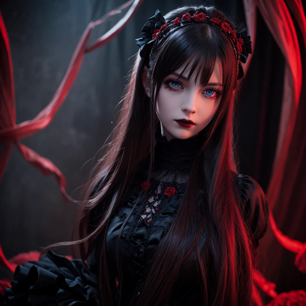 beautiful girl with long golden hair,gothic vampire,piercing blue eyes,elegant gothic lolita dress in black and red,delicate facial features,sensual and alluring expression,dark mysterious atmosphere,dark fantasy,dramatic cinematic lighting,very detailed,hyperrealistic,8k,masterpiece