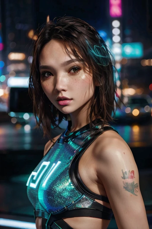 5u54no1iv3r, wearing holographic cyberpunk clothing, surrounded by neon-lit cityscape reflections, vray render, ray tracing, subsurface scattering, by Josan Gonzalez and Liang Mark (upper body shot), (looking at viewer:1.3), (hyper realistic:1.3), (portrait:1.2), highly detailed eyes, (highly detailed skin:1.3), (freckles:0.6), pores, (4k), back lit, rim light,