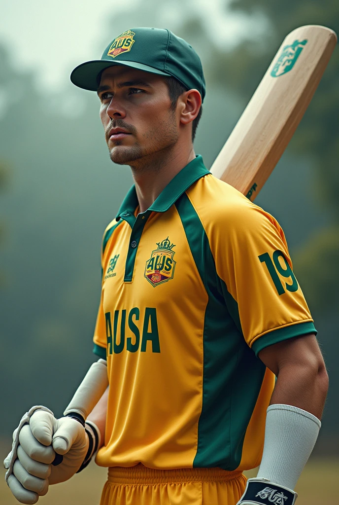 Give me a cricket player with AUS written on his yellow jersey., View from behind,A hand holding a cricket bat drop shadow, anaglyph, stereogram, tachi-e, ass pov, atmospheric perspective, 8k, super detail, best quality