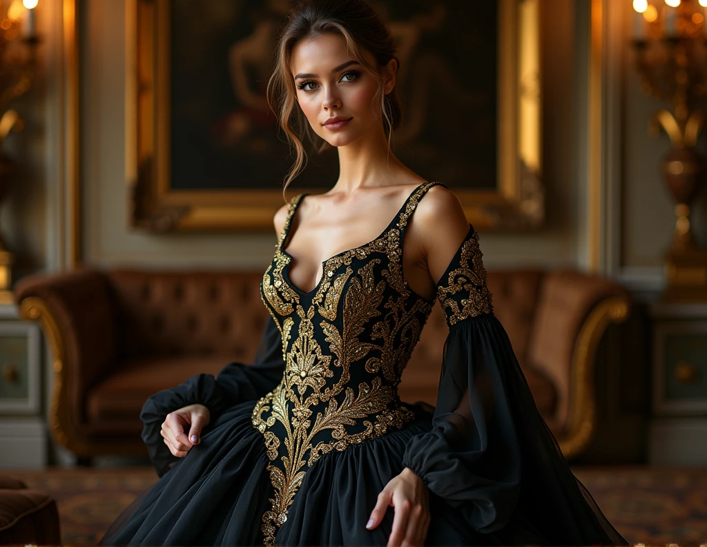 beautiful model in black and gold dress
