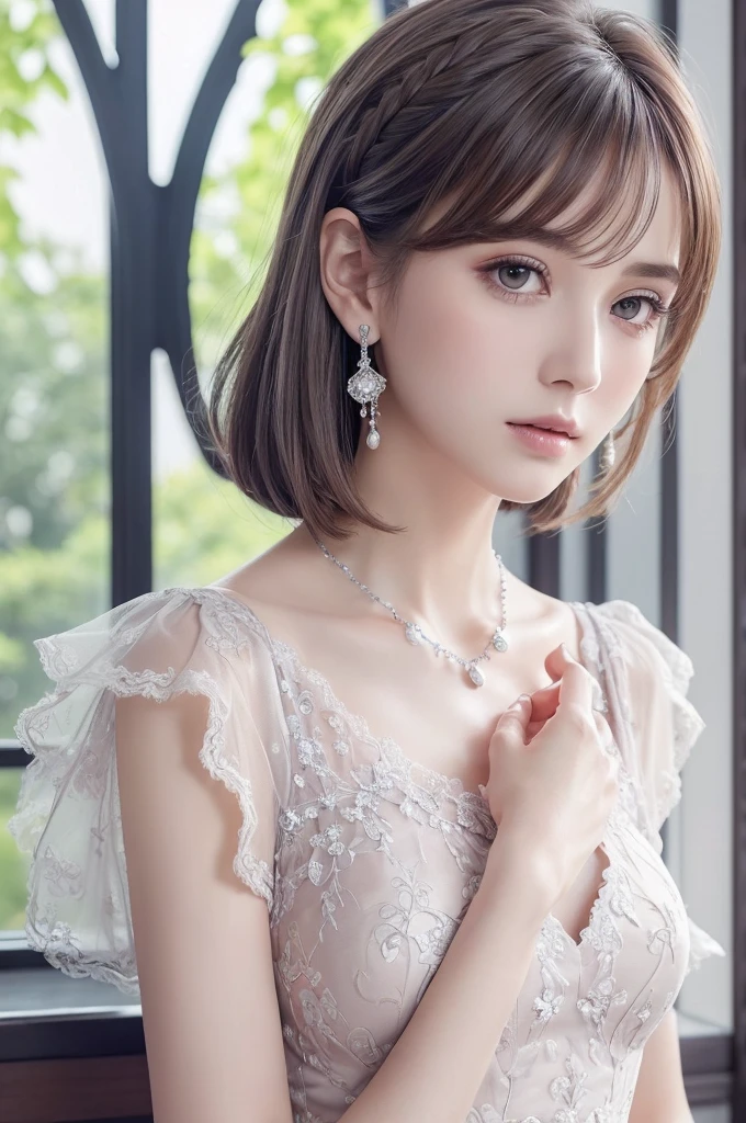 Purple lace string&good, (((Very elegant and beautiful, Perfect detail, Very detailed))), whole body, The most detailed girl, Written boundary depth, 美しく詳細なwhole body, Thin legs, 1 person, 30 years old, Very short hair, Spiked Hair, Gray and silver hair, Beautiful detailed hair, Perfect Face, Expressionless, Beautiful, detailed, deep eyes, Please open your mouth a little, Delicate arms and hands, Pale skin, Earrings, Beautiful and gorgeous necklace, Colorful background, HD background, Blurred Background, Very delicate and beautiful, masterpiece, (((Highest quality, Very beautiful 8K CG wallpaper))), (((Trendy hairstyles))), (Inside the room,Stylish interior,window),