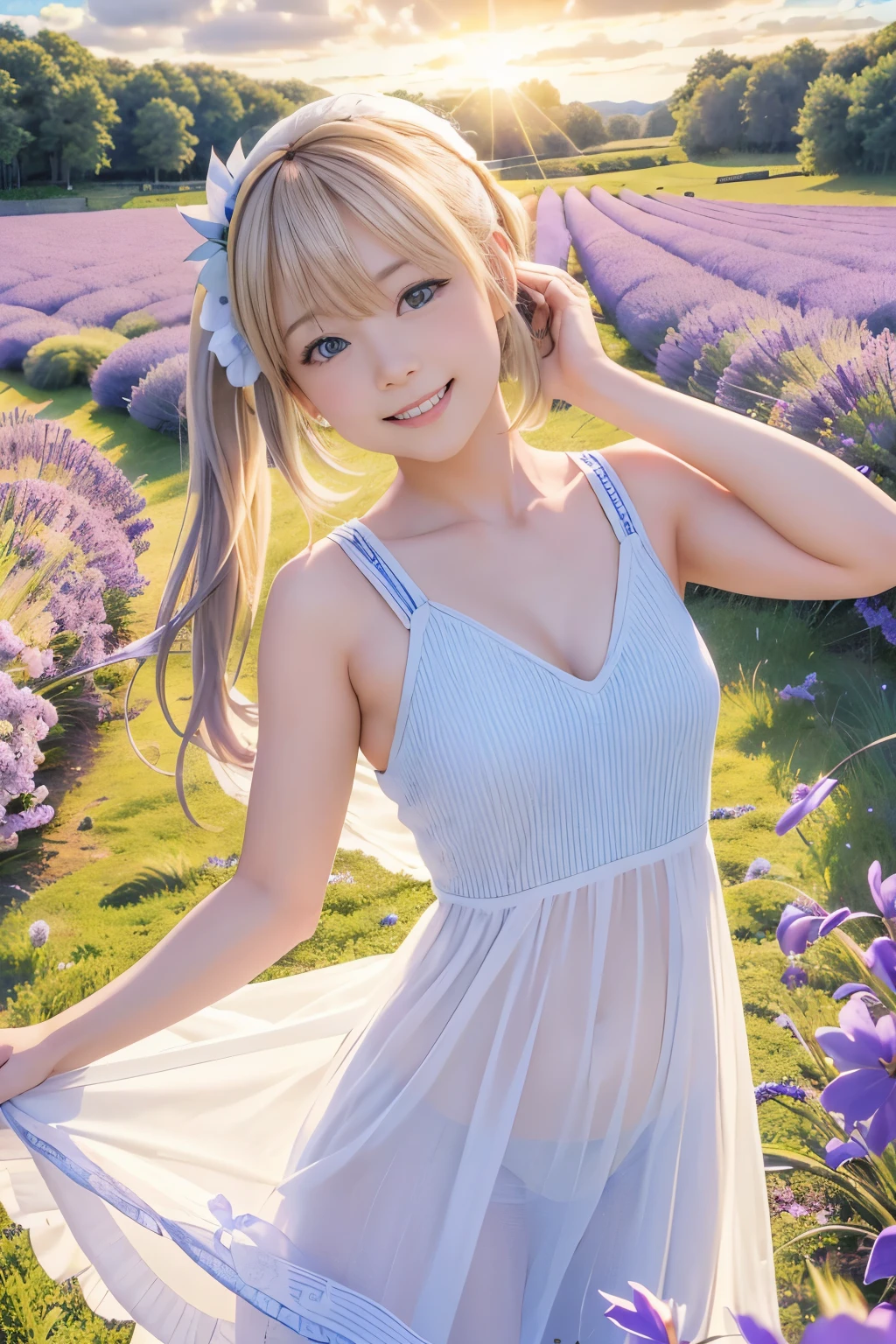 (8k, RAW Photos, Realistic, photo-Realistic:1.5), masterpiece, Highest quality, High resolution, Very detailed, Detailed Background, Cinema Lighting, Dynamic Angle, Lens flare, dramatic, One person, cute, alone, Wind, Light blonde hair, blue eyes, Very long twin tails, White Hat, blue null, smile, Flying petals, flowery Field, null, lavender, sun, Field, Fractal Art,naked