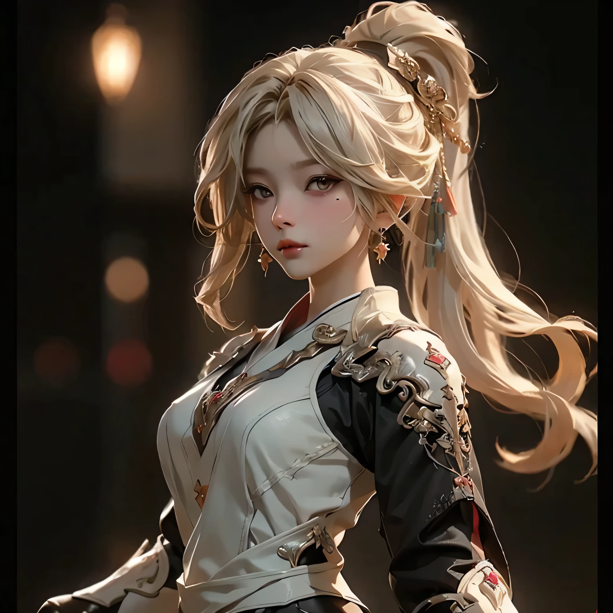(best quality)), ((Masterpiece)), (details:1.4), 3d, HDR (high dynamic range), amature woman, Blonde hair, High Ponytail, Red eyes, hips up, จมูกโด่ง, ปากแดง, หน้าอกใหญ่, nvidia RTX, PBR surface, After processing, Anisotropic filtration,depth of field, Maximum clarity and clarity, multi-layered surface, Subsurface scattering, perfect proportions, 8K raw files, ultra detailed, Perfect proportions, volumetric lighting, soft lighting, Holy Paladin, Heavy Red Armor, intricate silver embroidery, glossy skin, gorgeous, intricate grey background, strong back lighting, jewely, ต่างหู , นิ้วมือสมบูรณ์
