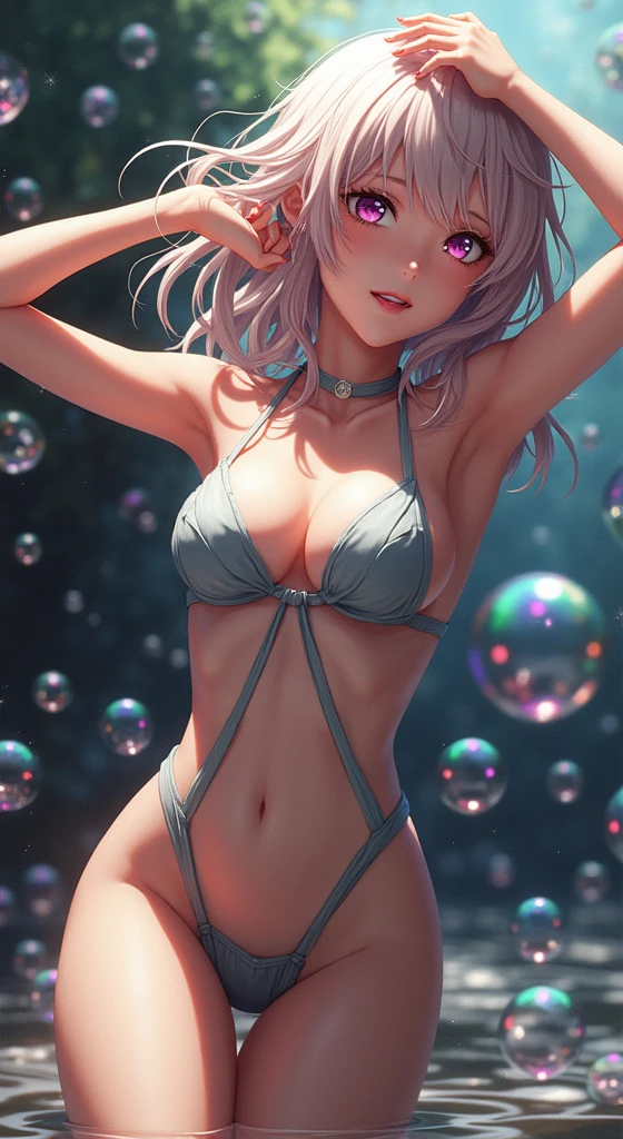 Transparent PVC clothing, Clear Colored Vinyl Swimsuit, prismastic, holographic, Chromatic Aberration, Fashion Illustration, masterpiece, Harajuku fashion girls, Looking at the audience, 8K, Extremely detailed, pixiv, Jacaban