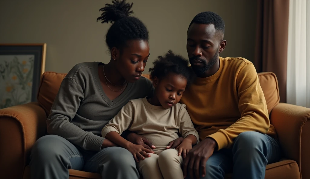 Anxious BLACK family from Africa are depressed, worried and stress filled sitting in the sitting room daydreaming