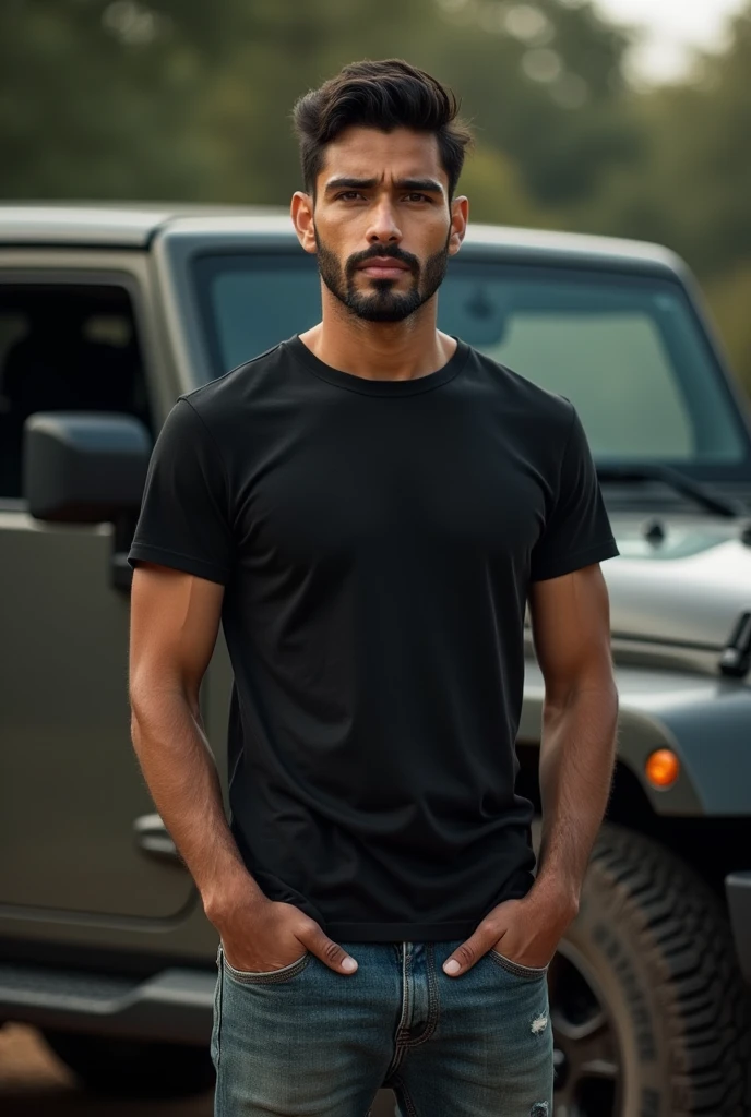 A handsome guy in his late 20's who is half Asian and half Italian wearing a black t-shirt and washed jeans, standing beside his jeep.