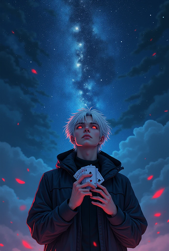 A man with white hair and red eyes wearing a black windbreaker looking up at the starry night sky,Playing with a stack of playing cards,Anime style,Highly detailed,Film Lighting,dramatic,(Best quality,4K,8k,high resolution,masterpiece:1.25),Ultra Detailed,(lifelike,Photoreal,Photoreal:1.37),dramatic的灯光,Moody atmosphere,Dynamic composition,Intricate details,Vibrant colors,Whimsical fantasies,Surrealist elements,Magical Realism