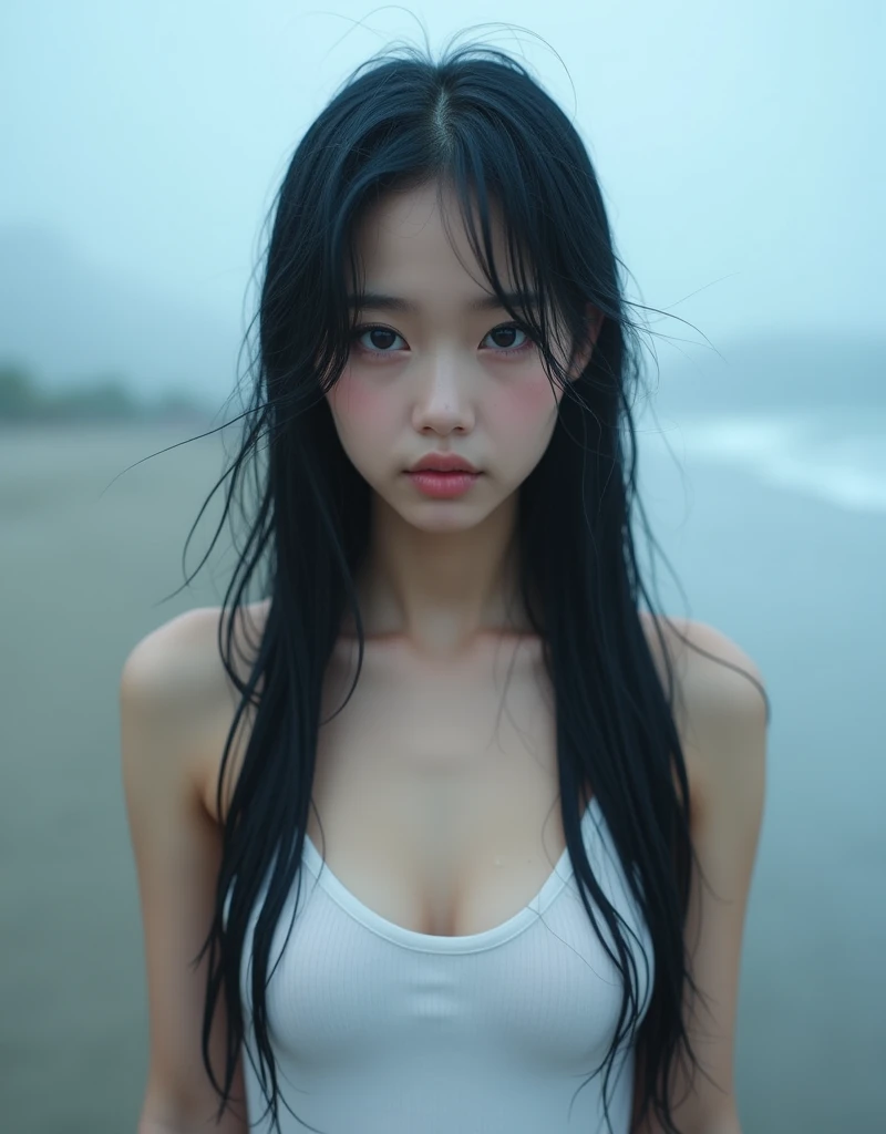 Top quality, one beautiful japanese woman, black color hair , big eyes , A photorealistic image of a young woman with long wet black hair and soft, radiant skin, standing on a beach during a misty morning. she wearing white tanktop with water droplets on her skin, big eyes, black eye,shighlighting her delicate features. Her deep eyes and subtle makeup enhance her natural beauty, complemented by the serene, soft blue background of the sea and sky. The atmosphere is tranquil and slightly moody.