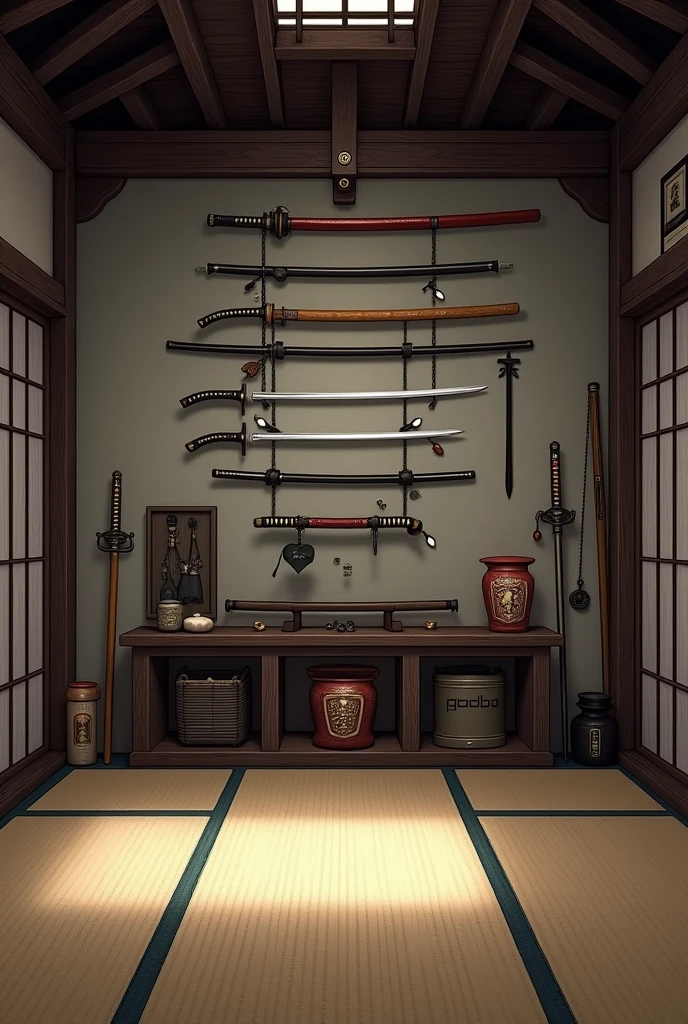 ninja dojo seen from inside without people inside, only the armaments