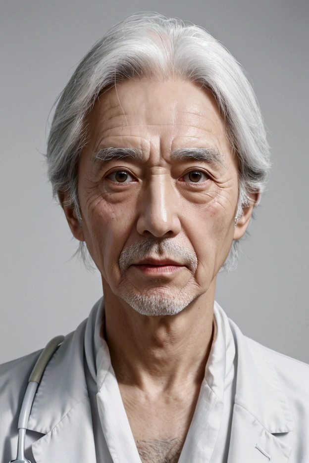 Close-up of the face of a surprised male doctor around 60 years old、Wearing a white coat、There are many spots on the face、Expressive、Fine details、Realistic Skin Texture、High resolution、Studio Lighting、8K quality