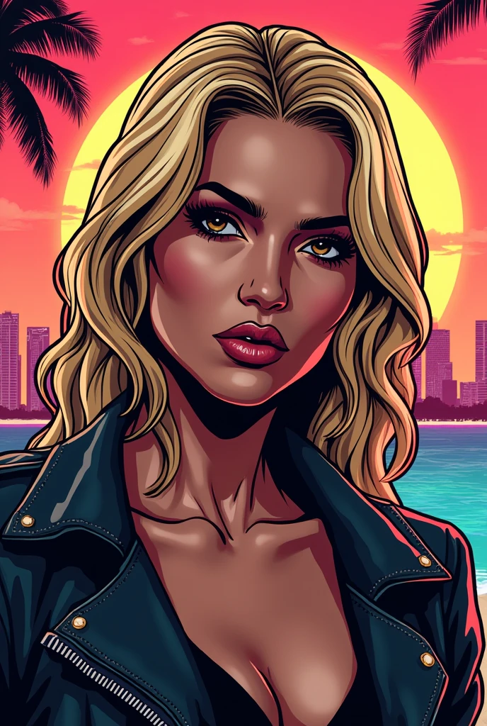 Dessin contour trait epais visage femme style gta blonde fond ville miami
