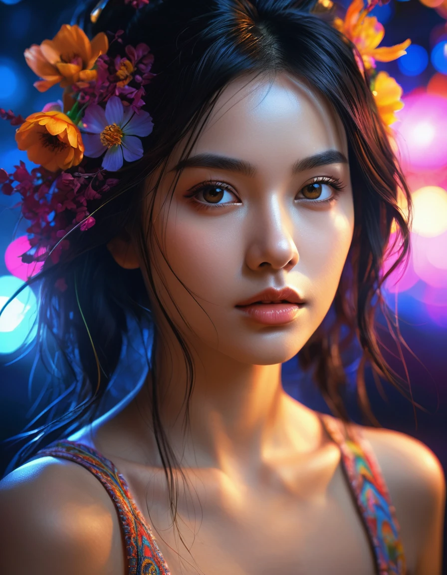 incrediblely comely girl in the dark, glare eyes, Bblack hair, The skin glows, 
bright flowers around the face,  Mysterious and majestic, magie, Sparks flying from the skin or surrounding area, very dark, Just neon lights, incredible, Charme, work of art, high qualiy, details Intricate, high détail , lot of details, dynamic, details Intricate, Bohemian, comely, contour, Close  up, high qualiy, work of art, ultra detali, proffesional, filigreed, very detailled, Hyper-Realism, Close  up, isometric, digitl art