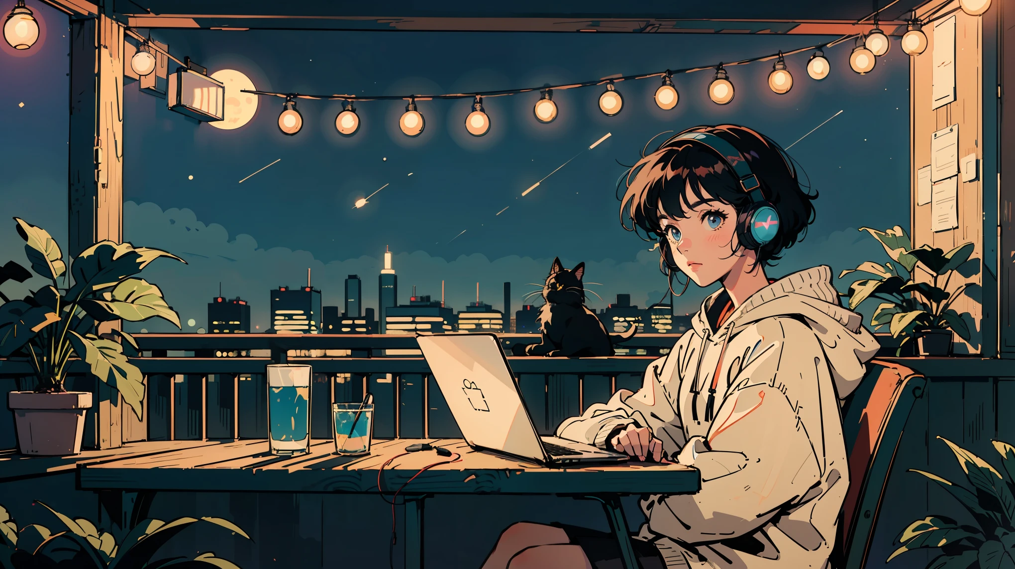 Cozy night balcony workspace, anime style, young woman sitting and working on laptop, wearing headphones and oversized hoodie, looking at viewers. Cat silhouette on railing, small animal toy nearby. String lights and potted plants hanging, starry night sky backdrop. Warm ambient lighting from candles and fairy lights. City skyline in distance. Lofi aesthetic. colorful image.