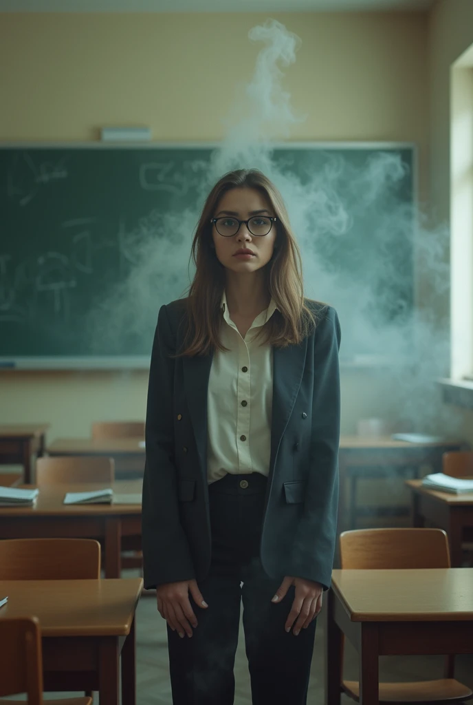8k,(( 1 woman)),fart,glasses,A terrible stench vibrates,classroom