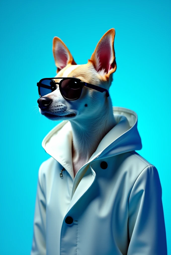 The best cell phone wallpaper, Award-Winning Wallpaper, portrait photography, In the front view is a portrait of a cute dog wearing mid-1960s space age fashion, Side view photo, Shot with Canon EOS R5, Set a strong contrast that accentuates the subject, Fluorescent blue tone, Wearing a very modern coat and sunglasses is a modern 1960s style, Clothes all in one color, beautiful background