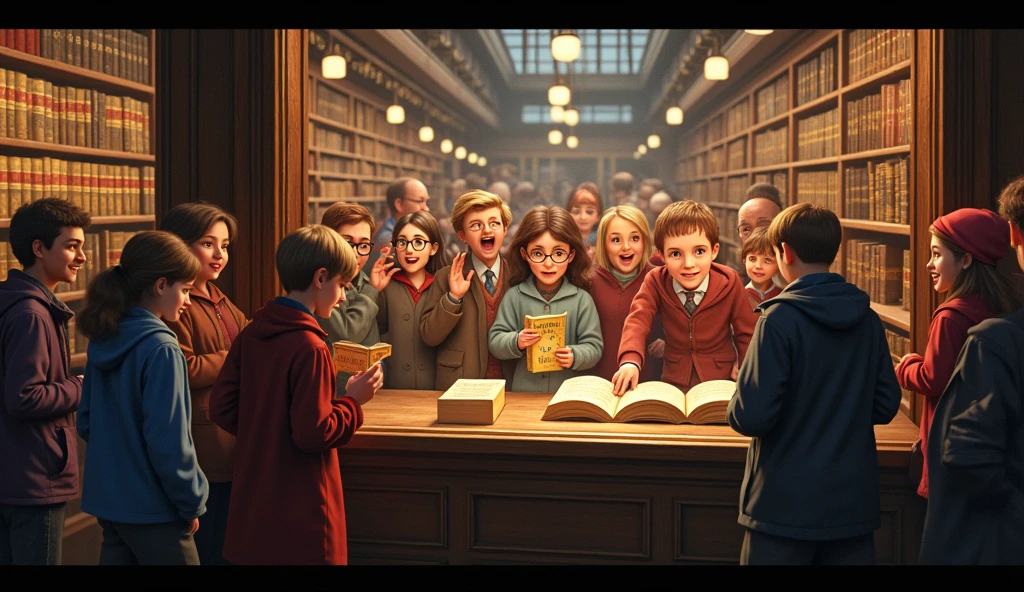 A bookshop window displaying the first edition of "Harry Potter and the Philosopher’s Stone" with excited children and adults gathered around, eagerly buying copies.