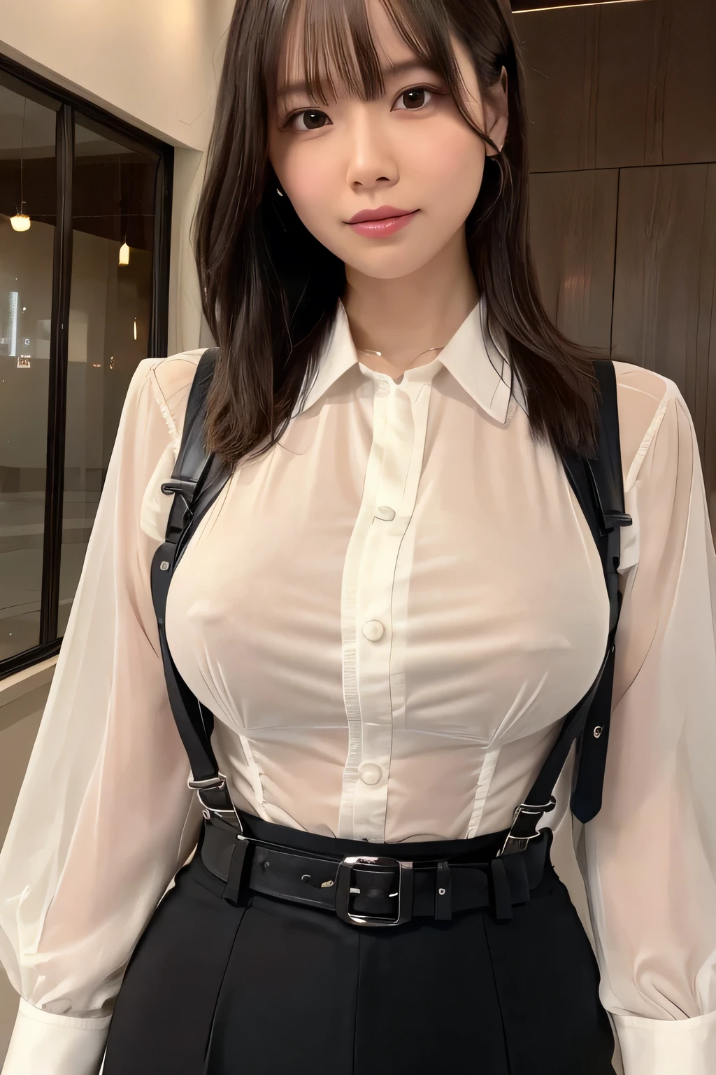a woman in a suit, belt, hands behind back, sweating, suspenders, black pants, sexly, large breasts, see-through clothing, rain, detective, office worker, white button-up shirt, (best quality,4K,8k,highres,masterpiece:1.2),ultra-detailed,(realistic,photorealistic,photo-realistic:1.37),hyper-detailed,highly detailed face and body, slender thin suspenders Large Breasts See-through shirt Nipples