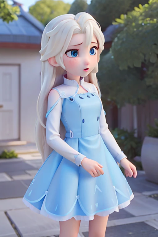 female、16age、Blue Dress、Blonde hair that is almost white、