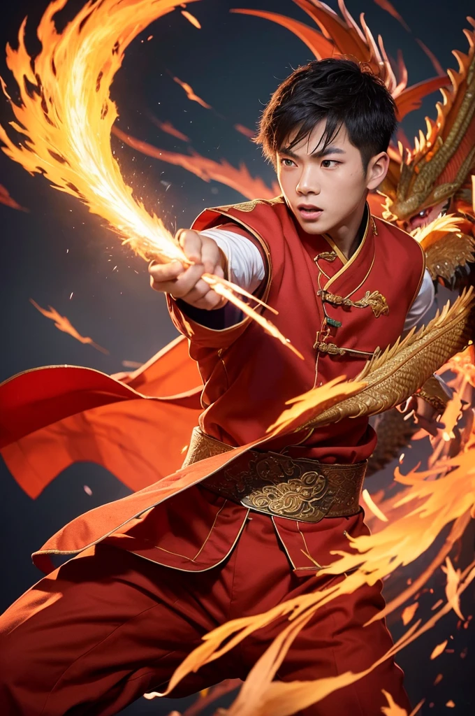 A detailed and dynamic image of a young man dressed in traditional Chinese clothing, reminiscent of ancient martial arts attire. He is in mid-action, unleashing a powerful energy blast from his hands. Behind him, a fiery dragon is soaring towards the scene, its flames trailing in the air. The setting should convey a sense of intense energy and power, with the young man and the fire dragon dominating the scene with their strength and coordination.