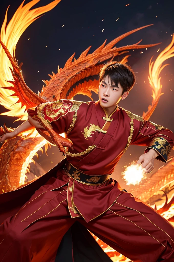 A detailed and dynamic image of a young man dressed in traditional Chinese clothing, reminiscent of ancient martial arts attire. He is in mid-action, unleashing a powerful energy blast from his hands. Behind him, a fiery dragon is soaring towards the scene, its flames trailing in the air. The setting should convey a sense of intense energy and power, with the young man and the fire dragon dominating the scene with their strength and coordination.
