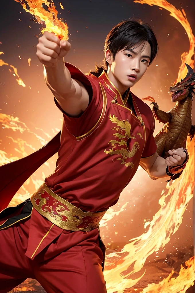A detailed and dynamic image of a young man dressed in traditional Chinese clothing, reminiscent of ancient martial arts attire. He is in mid-action, unleashing a powerful energy blast from his hands. Behind him, a fiery dragon is soaring towards the scene, its flames trailing in the air. The setting should convey a sense of intense energy and power, with the young man and the fire dragon dominating the scene with their strength and coordination.