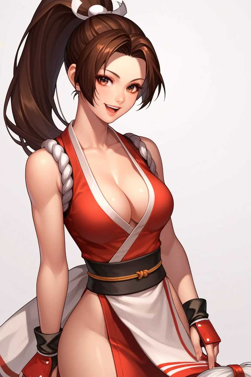 , score_8_up, score_7_up,score_6_up, score_5_up, score_4_up , 1girl, solo, , dougi, spandex, headband, fingerless gloves, brown hair, brown eyes, single braid, PonyShiranui, japanese clothes, revealing clothes, cleavage, high ponytail, happy, cowboy shot, simple background