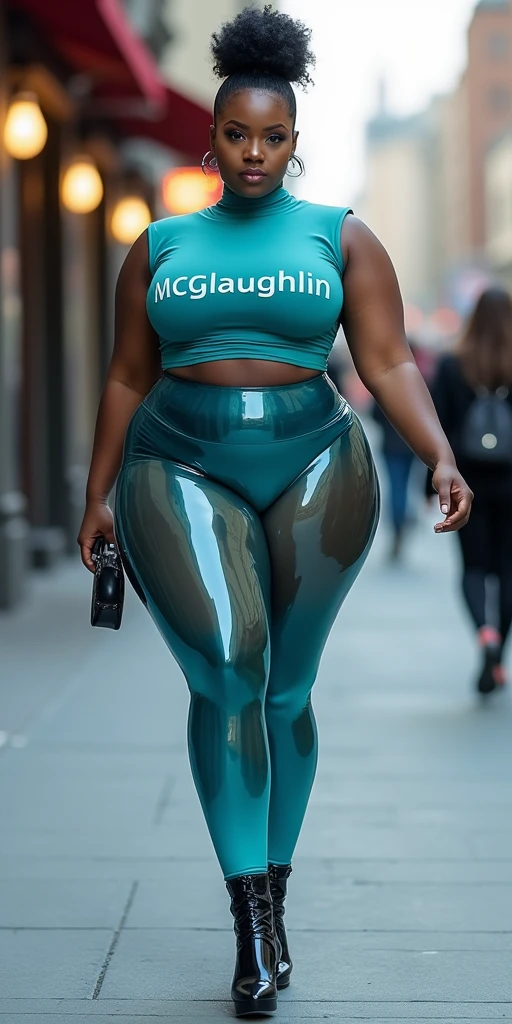 MASSIVE BUTTOCKS, translucent bblue plastic leggings, UHD, city sidewalk, She's a dark skin melanin Queen with tiny paper-thin waist, side body, aquamarine bblue blouse says "McGlaughlin", best quality, cchic hair, High resolution image, muscular abs + zero waist:2, no nudity  