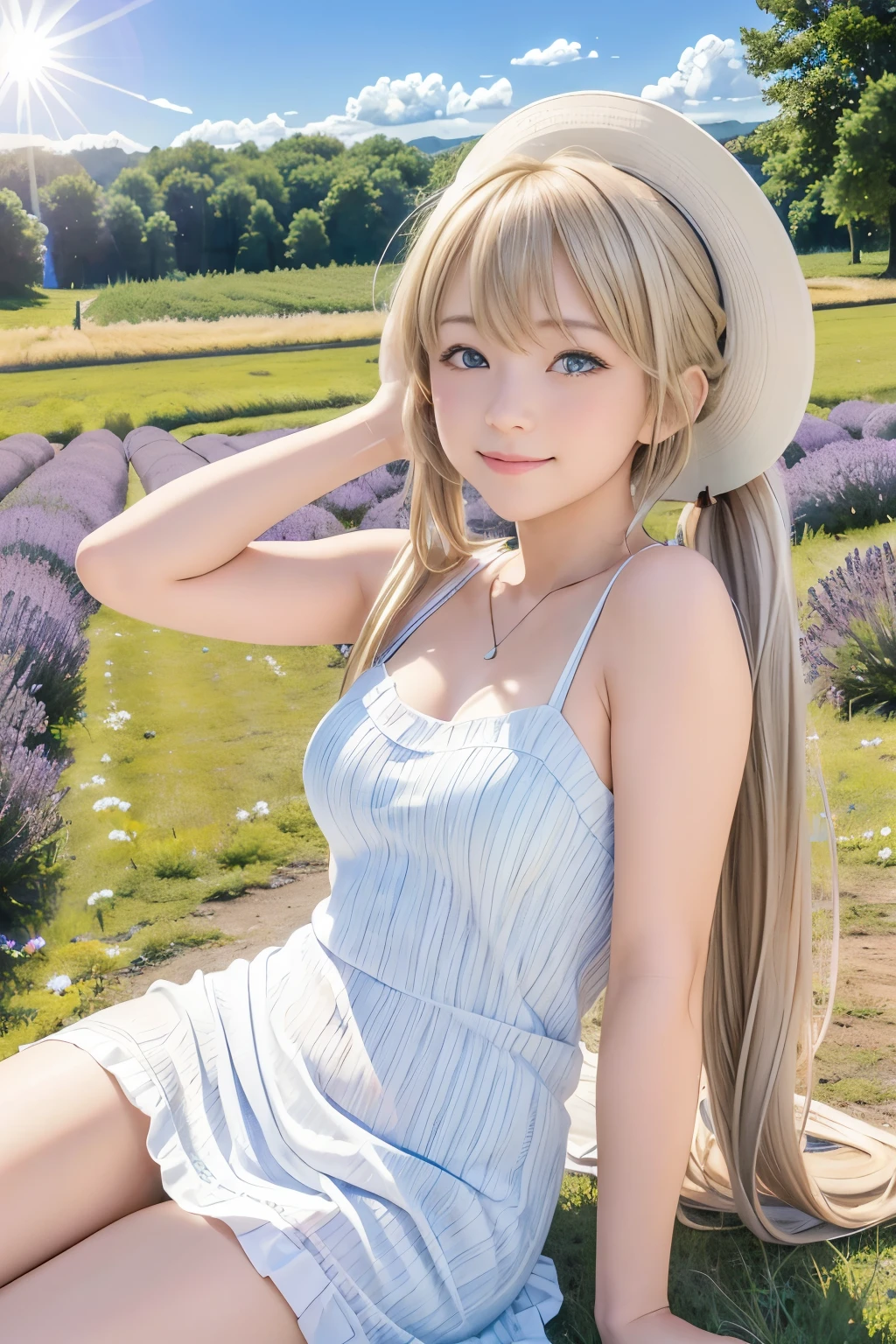 (8k, RAW Photos, Realistic, photo-Realistic:1.5), masterpiece, Highest quality, High resolution, Very detailed, Detailed Background, Cinema Lighting, Dynamic Angle, Lens flare, dramatic, One person, cute, alone, Wind, Light blonde hair, blue eyes, Very long twin tails, White Hat, blue null, smile, Flying petals, flowery Field, null, lavender, sun, Field, Fractal Art,naked