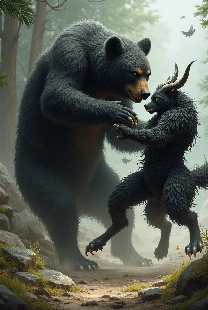 A black dog half goat has green eyes black curly hair fighting with bear