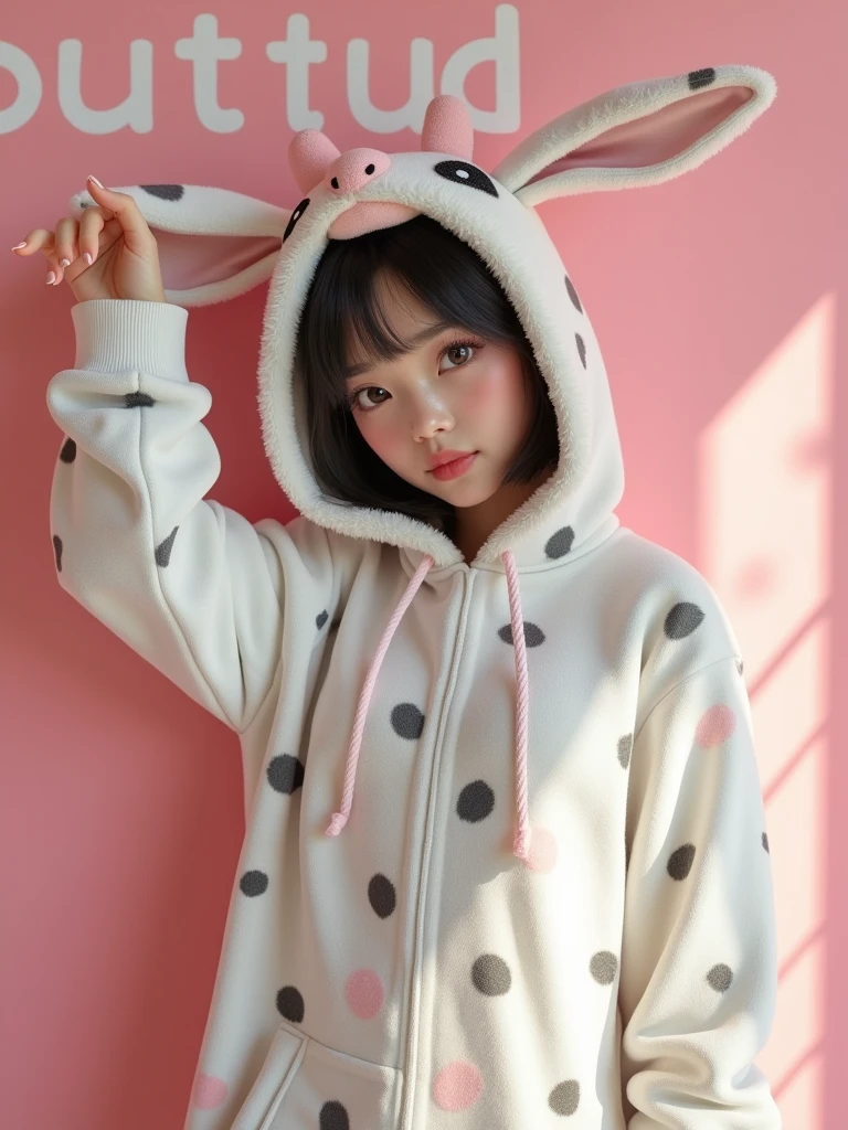 A woman in a cow costume poses for a photo, the spotty text "Bunny" on the wall, inspired by Edo Murtich, tumblr, gorgeous bikini model, anime Barbie doll, ultra-realistic cute bunny girl inspired by Nier : automata