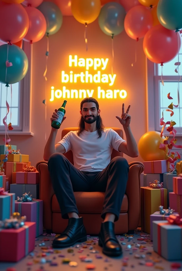 Realistic image of a birthday . There are balloons of various colors floating and stuck to the walls, as well as streamers and confetti scattered on the floor. A lighted sign with the letters "HAPPY BIRTHDAY JOHNNY HARO" hangs on the wall. In the center of the room is an armchair with an adult Caucasian man with long black hair in a low ponytail, a white t shirt and black pants, polished black shoes, a large nose, holding a bottle in one hand and making the peace sign with the other. The man is surrounded by gift boxes..