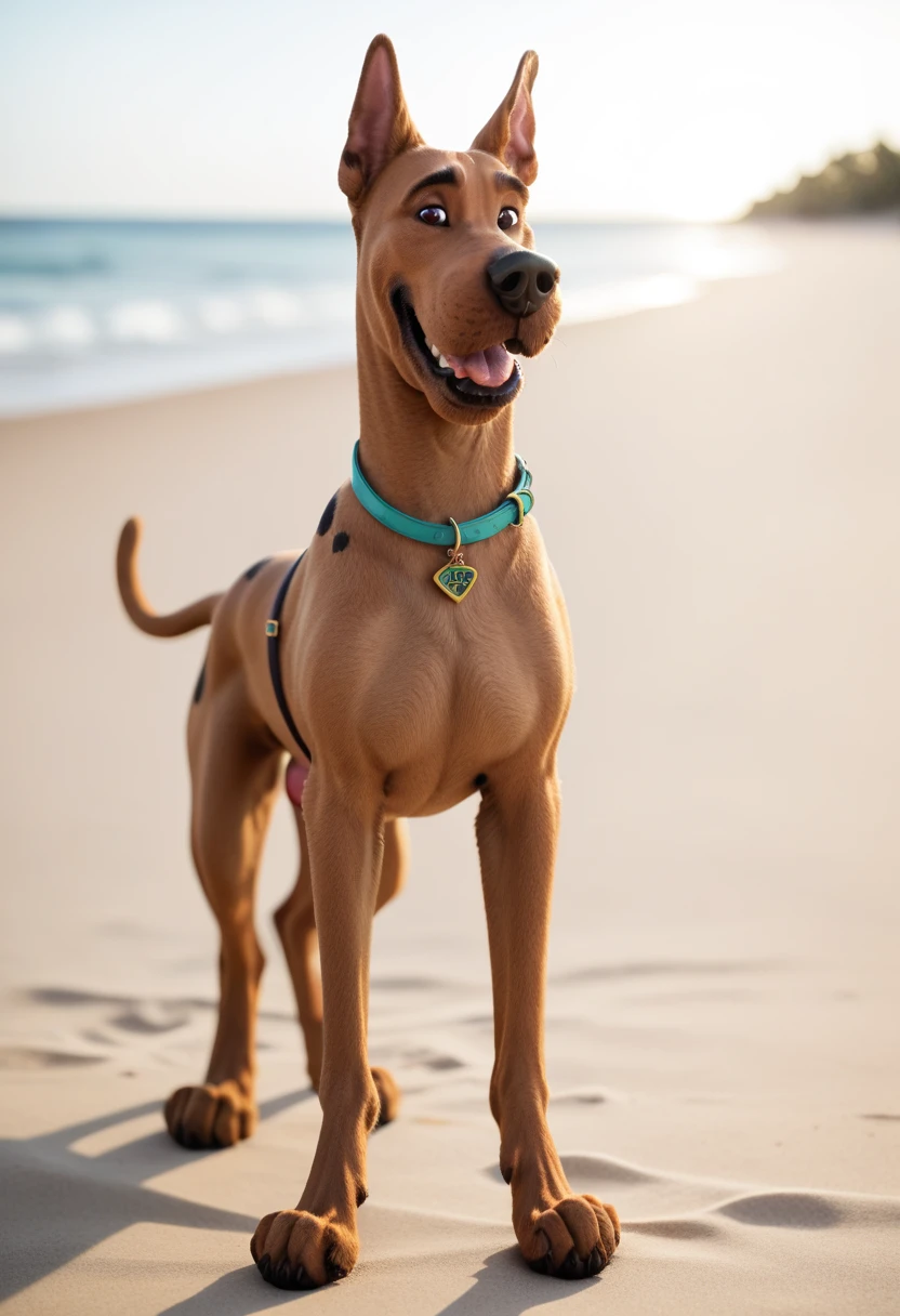 (Scooby Doo, Great Dane dog with dog penis) standing on a deserted beach