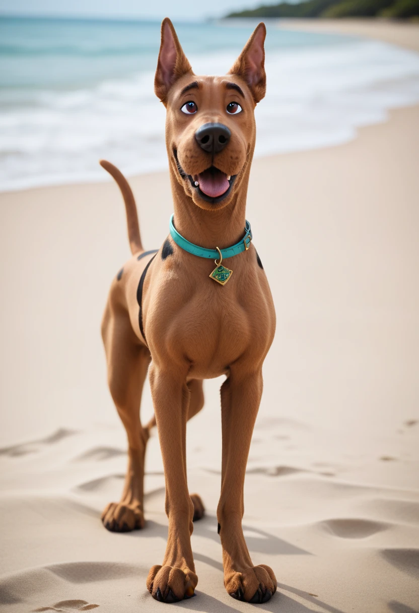 (Scooby Doo, Great Dane dog with dog penis) standing on a deserted beach