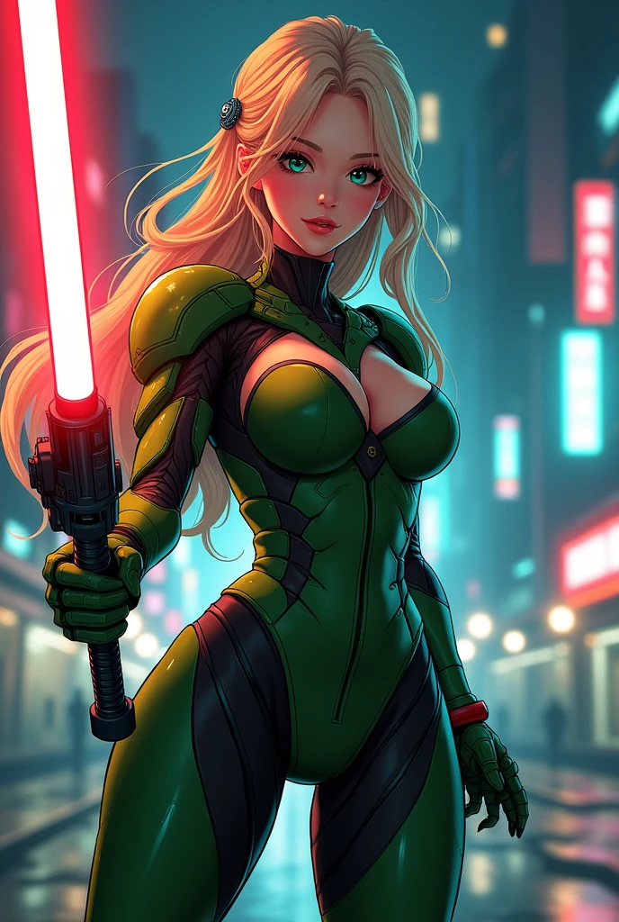 ((greatest masterpiece:1.3, ultimate quality:1.3, ultra-detailed:1.2)), (movie lighting), ((perfectly sensual)), super fine illustration, an extremely delicate and beautiful, 4K, 8K, 16K, UHD, 1girl, solo, vibrant long hair, stunning eyes, large breasts, athletic build, perfectly proportioned female body, anatomically perfect, detailed beautiful face, confident smile, flushed cheeks, exoskeleton battle suit, green and dark green color scheme, large beam saber, combat stance, sci-fi anime background, cinematic angle, official art, dynamic composition, upper body shot, seductive pose, perfect AI-assisted artwork, world-class quality, futuristic cityscape, night scene