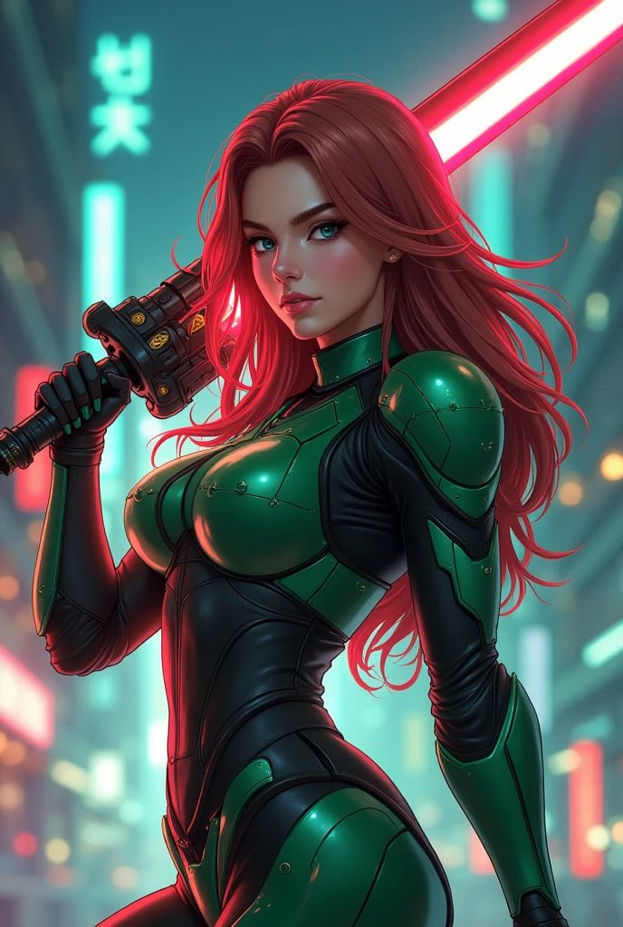 ((greatest masterpiece:1.3, ultimate quality:1.3, ultra-detailed:1.2)), (movie lighting), ((perfectly sensual)), super fine illustration, an extremely delicate and beautiful, 4K, 8K, 16K, UHD, 1girl, solo, vibrant long hair, stunning eyes, large breasts, athletic build, perfectly proportioned female body, anatomically perfect, detailed beautiful face, confident smile, flushed cheeks, exoskeleton battle suit, green and dark green color scheme, large beam saber, combat stance, sci-fi anime background, cinematic angle, official art, dynamic composition, upper body shot, seductive pose, perfect AI-assisted artwork, world-class quality, futuristic cityscape, night scene