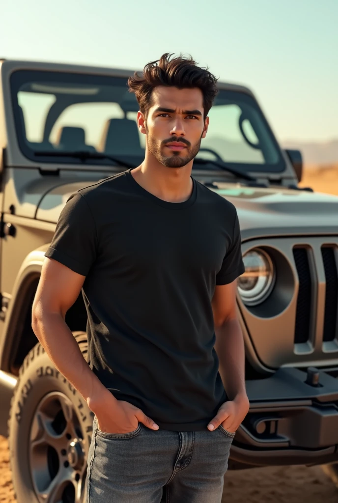 A handsome guy who is half Asian and half Italian wearing a black t-shirt and washed jeans, standing beside his jeep.