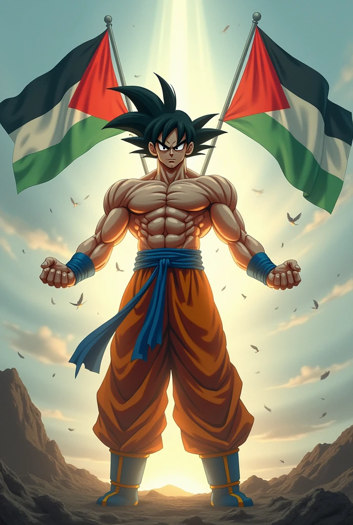 Create a high quality image named of Goku Ultra instinct holding his hand Palestine Flags🇵🇸