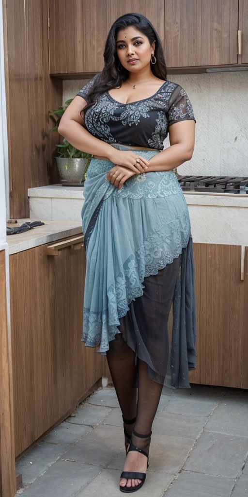 Garden scene, A radiant, full-figured South Indian 35 year old aunty a gray colour chiffon mini skirt and black chiffon shirt, standing, in a garden, captured in a full-body image with vibrant hues and meticulous details. Full body image