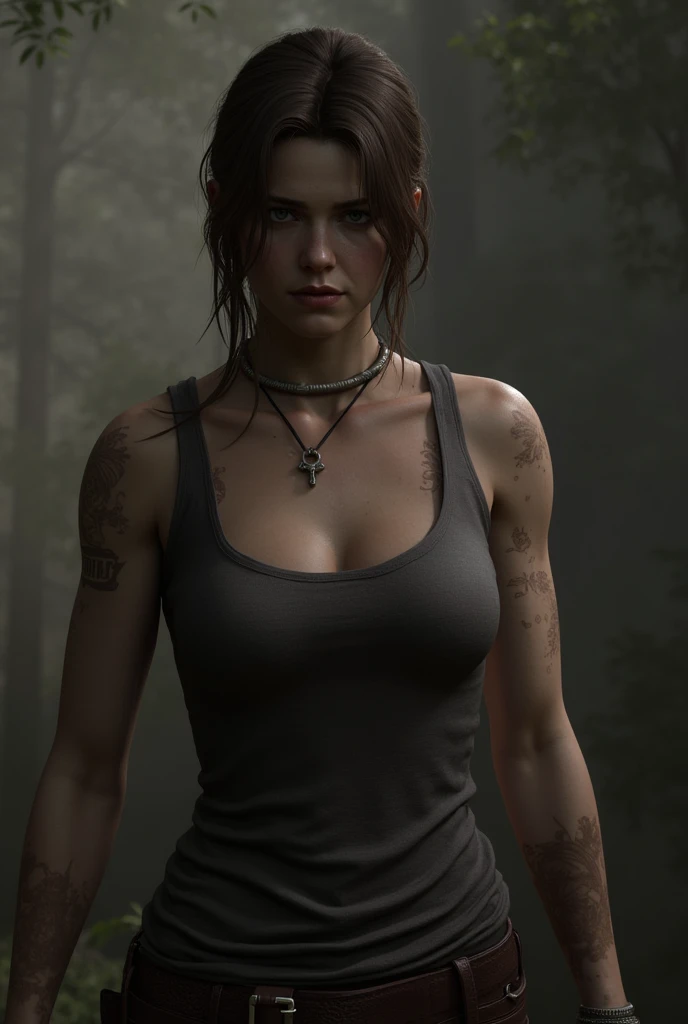 lara croft, shorts jeans curto, green short top, long ponytail hair, super detaill, high resolution, 8k, Overview