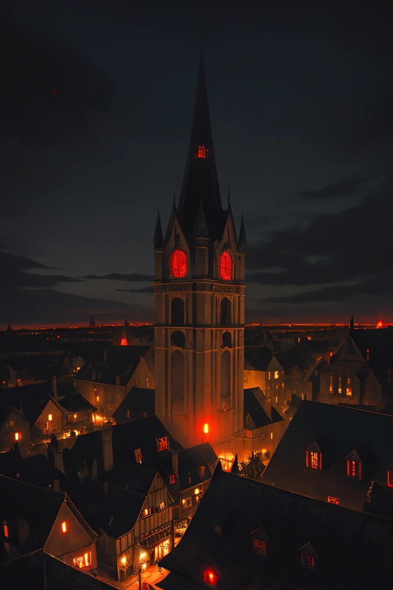 old European village shot with bird view, (Red glowing eyes), masterpiece, Depth of written boundary, Lutz, Gwaites style artwork, Gothic aesthetics, Dark Vampire village, ((in the dark gothic style cathle:1)), ((dark mid-night time:1.5)),