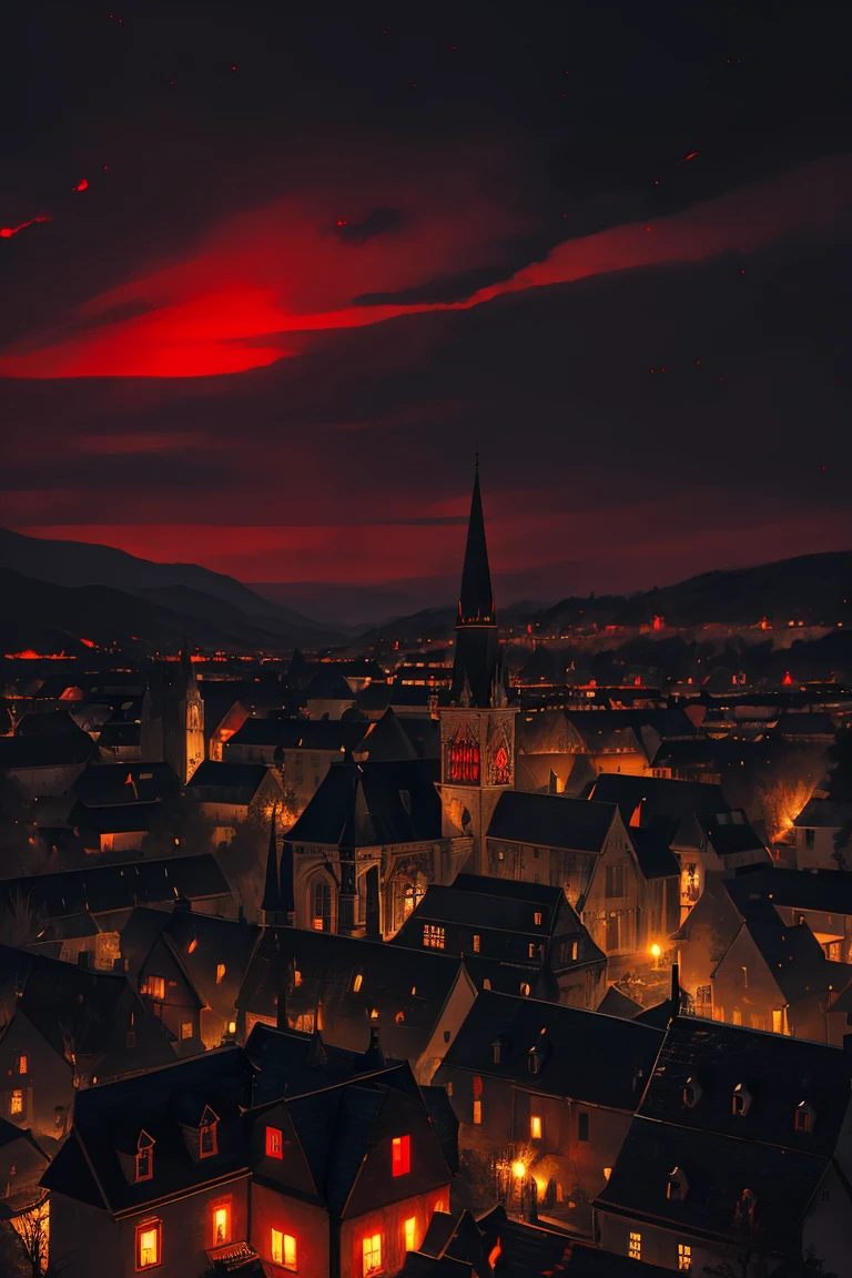 old European village shot with bird view, (Red glowing eyes), masterpiece, Depth of written boundary, Lutz, Gwaites style artwork, Gothic aesthetics, Dark Vampire village, ((in the dark gothic style cathle:1)), ((dark mid-night time:1.5)),