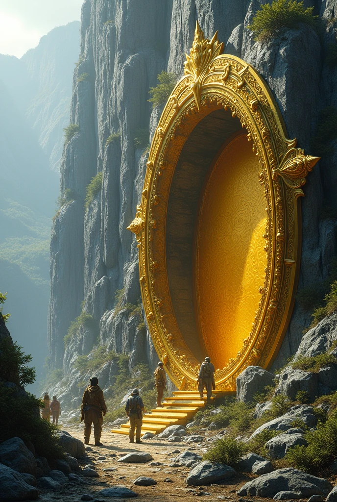 Located on the side of an old ancient mountain、A strange and ornate golden portal。There are several people around々is standing、It looks like they're setting up a research camp.。