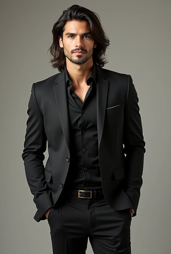 A 24 year old guy with black hair , a lean muscle build, 6 ft tall, a sharp jawline, very fair skin wearing a suit, down neck length hair with a few accessories like a celebrity , he is italian