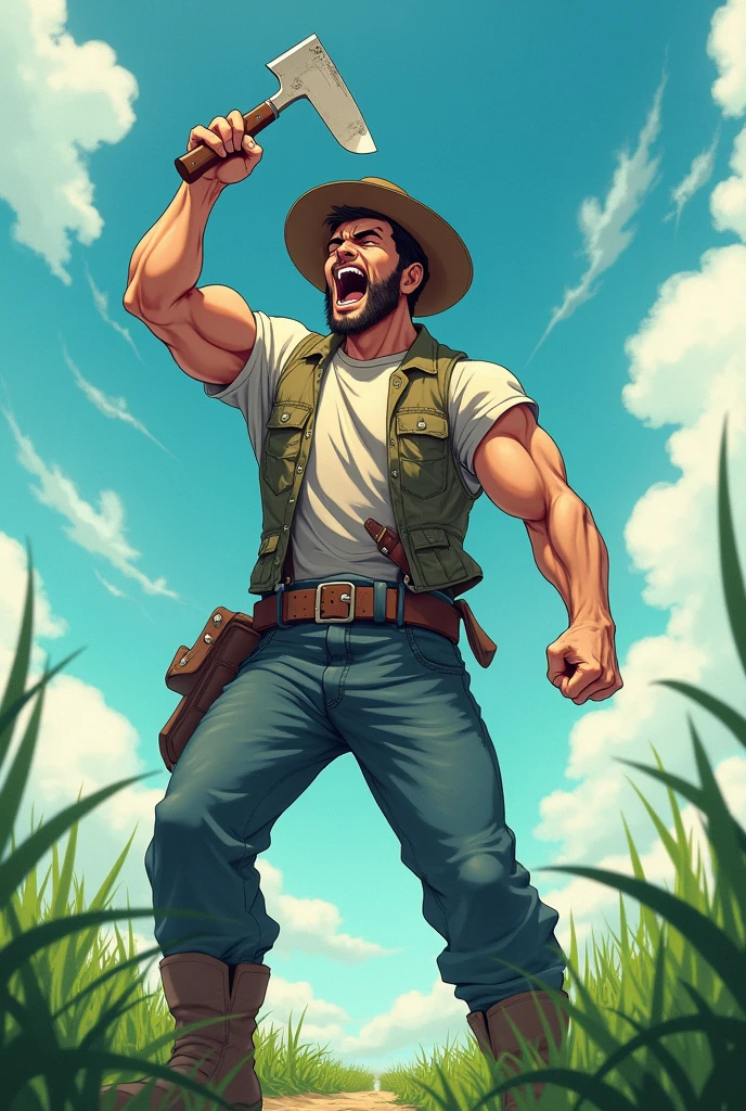Anime-Styled Art, the picture consists of a male farmer shouting and raising his machete up on the sky, high saturation, solo picture. Low-angle view