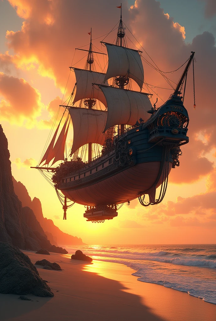 sandy beach, ocean, sunset
a steampunk hybrid of an airship and a sailboat hangs above the shore, the lower part of the hybrid is from a ship, the upper part is from an airship, unusual fantasy